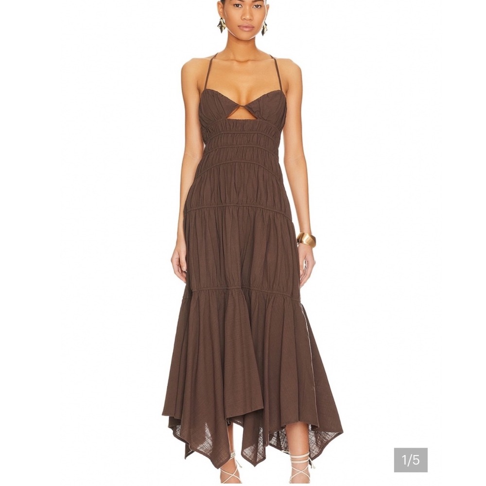 SNDYS Everyday XS Brown Tiered Maxi Dress Strappy Cutout Boho Y2K
